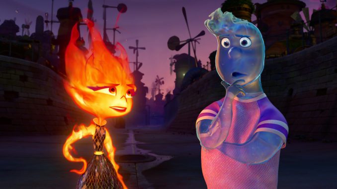 Ember (Leah Lewis) and Wade (Mamoudou Athie) in Elemental. STILL: Disney/Pixar)