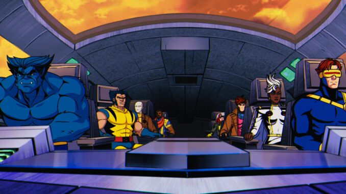 Beast (George Buza), Wolverine (Cal Dodd), Morph (JP Karliak), Bishop (Isaac Robinson-Smith), Rogue (Lenore Zann), Gambit (AJ LoCascio), Storm (Alison Sealy-Smith), Cyclops (Ray Chase) in X-Men '97. (Image: Disney+ & Marvel Animation)