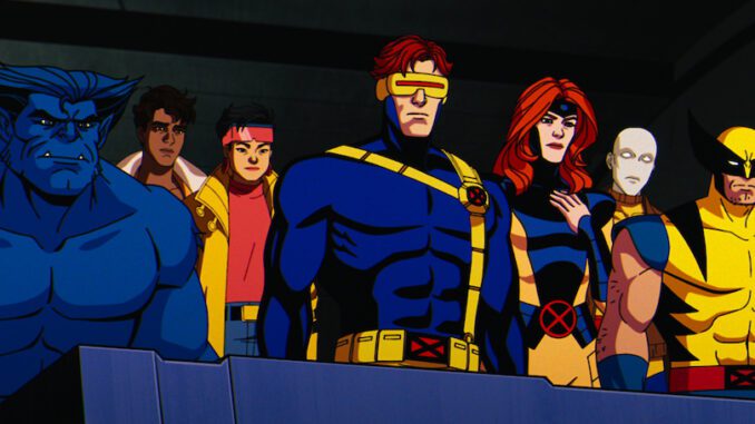 (L-R): Beast (voiced by George Buza), Roberto Da Costa (voiced by Gui Agustini), Jubilee (voiced by Holly Chou), Cyclops (voiced by Ray Chase), Jean Grey (voiced by Jennifer Hale), Morph (voiced by JP Karliak), and Wolverine (voiced by Cal Dodd) in Marvel Animation's X-MEN '97. Photo courtesy of Marvel Animation. © 2024 MARVEL.