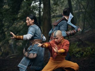 Avatar: The Last Airbender. (L to R) Kiawentiio as Katara, Gordon Cormier as Aang, Ian Ousley as Sokka in season 1 of Avatar: The Last Airbender. Cr. Robert Falconer/Netflix © 2023