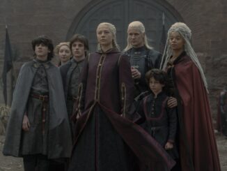 Lucerys (Elliot Grihault), Jacaerys (Harry Collett), Rhaenyra (Emma D'Arcy), Daemon (Matt Smith), and Rhaena (Phoebe Campbell) in House of the Dragon S1. (Credit: Warner Bros Discovery)