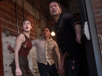 (from left) Kate (Daisy Edgar-Jones), Javi (Anthony Ramos), and Tyler (Glen Powell), in Twisters. (Credit: Warner Bros Pictures)