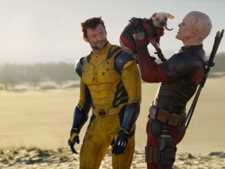 (L-R): Hugh Jackman as Wolverine/Logan, Dogpool, and Ryan Reynolds as Deadpool/Wade Wilson in 20th Century Studios/Marvel Studios' DEADPOOL & WOLVERINE. Photo by Jay Maidment. © 2024 20th Century Studios / © and ™ 2024 MARVEL.