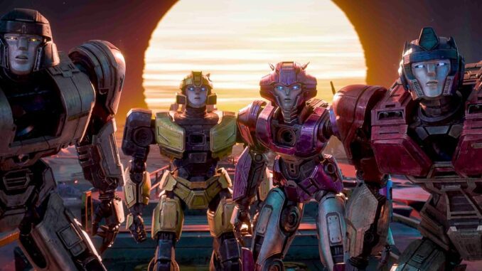 D-16 (Brian Tyree Henry), B-127 (Keegan-Michael Key), Elita-1 (Scarlett Johansson), and Orion Pax (Chris Hemsworth) in Transformers: One. (Credit: Paramount Pictures & UIP Singapore)