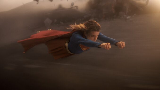 Supergirl (Milly Alcock) flies in Supergirl. (Warner Bros Pictures)